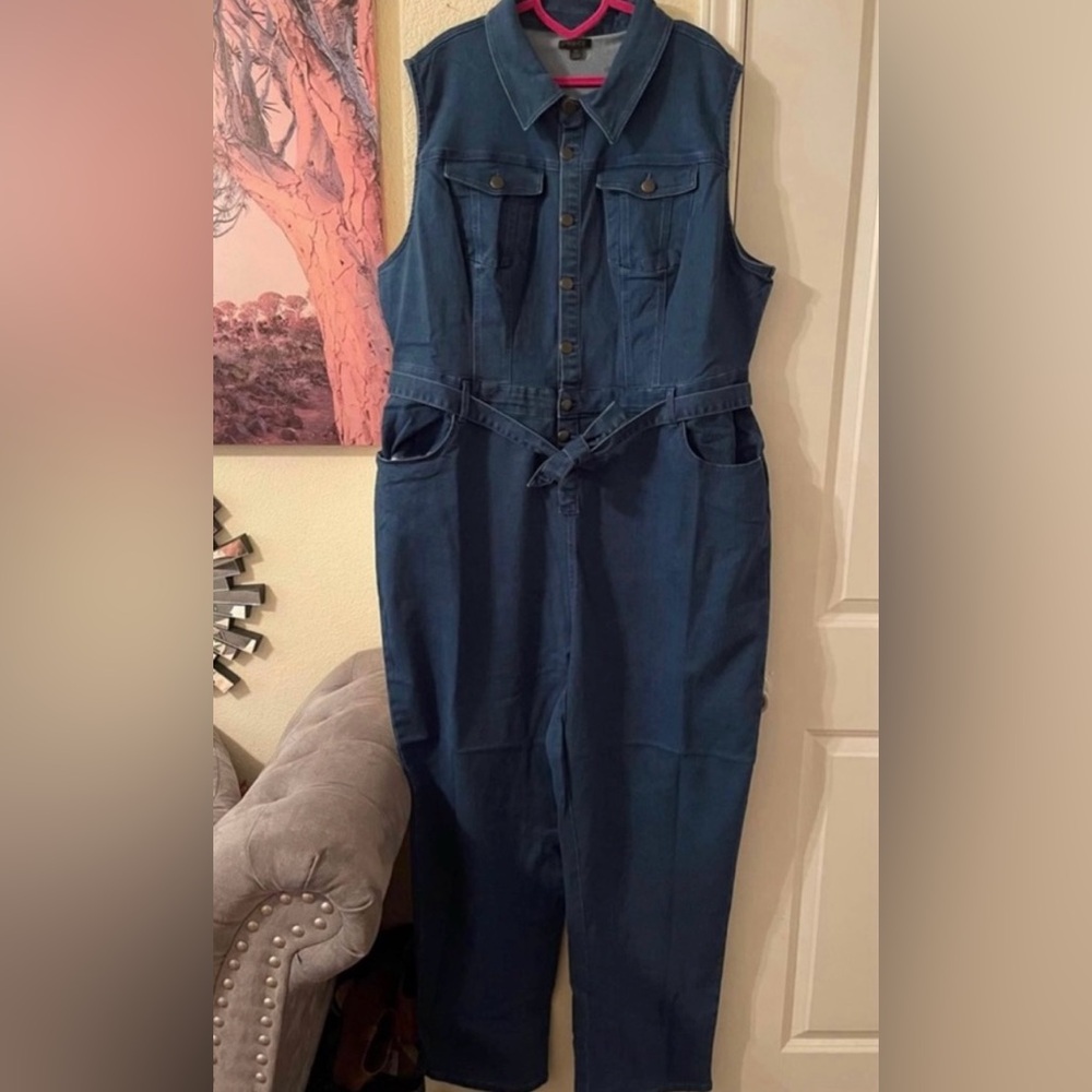 Plus Size Womens long jean jumpsuit with pockets size 3X NEW